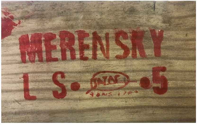A visually stress graded lumber mark reading MERENSKY L, S • 5 with the SATAS certification mark